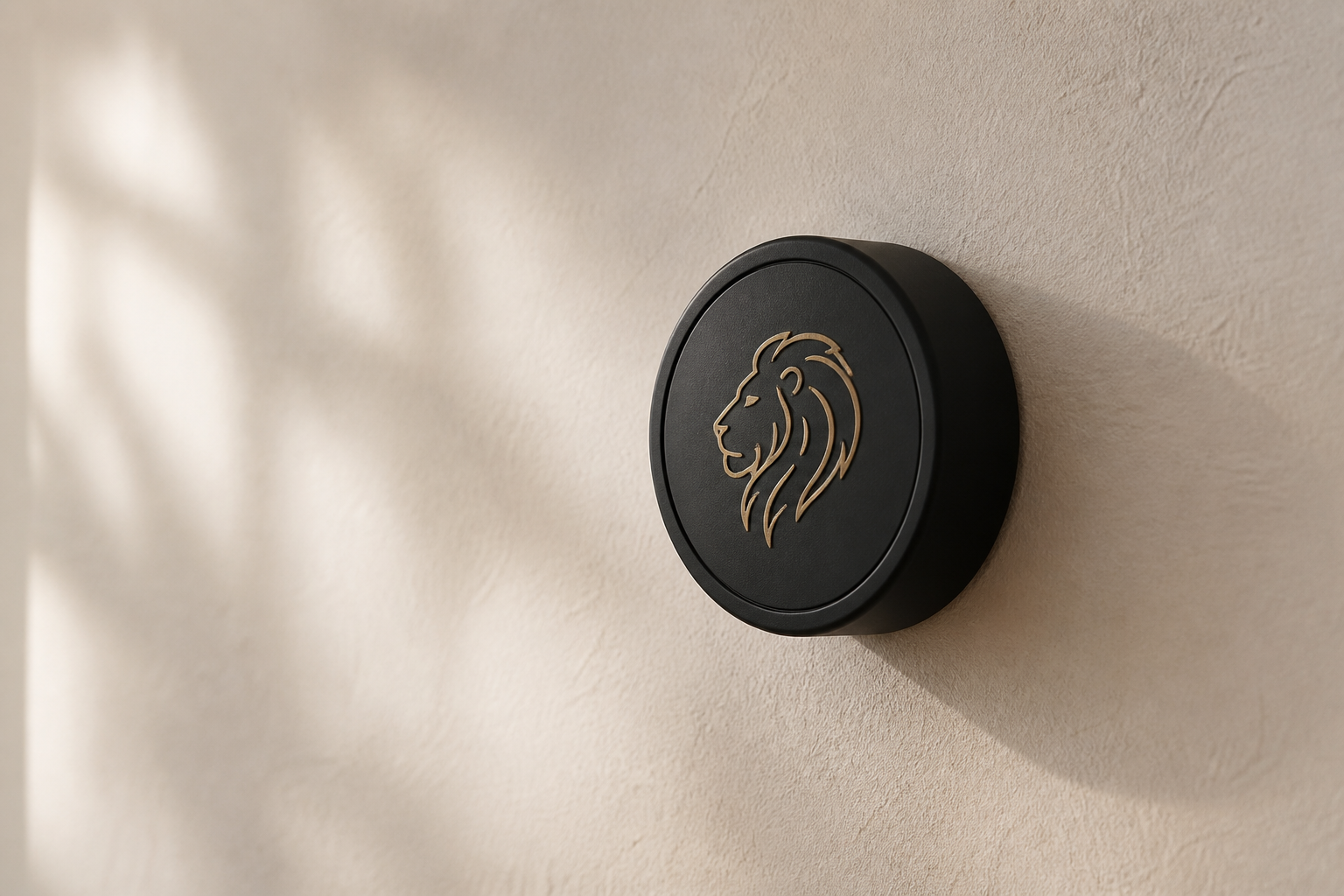 Zodara Wandpuck mit Löwen-Motiv, schwarz-gold, an einer cremefarbenen Wand